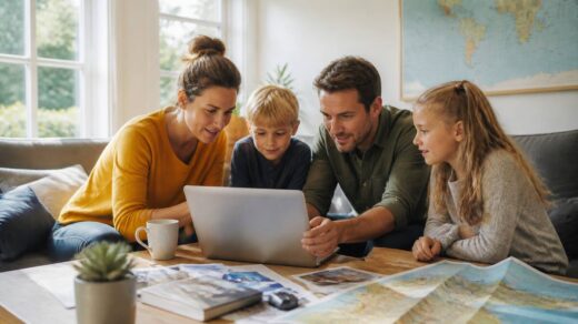 Gezin dat vakanties vergelijkt met laptop en reisinspiratiepapieren aan tafel