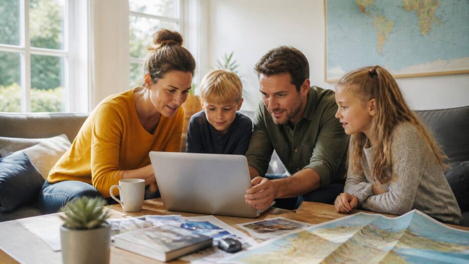 Gezin dat vakanties vergelijkt met laptop en reisinspiratiepapieren aan tafel