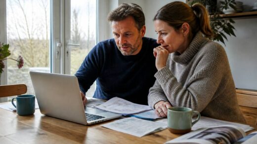 Stel vergelijkt vakanties aan tafel met laptop en reisnotities