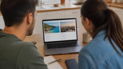 Koppel dat aan een checklist werkt met reisopties op een laptop (zonder leesbare tekst)
