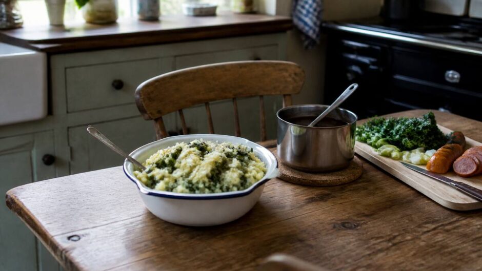 Een schaal met verse stamppot op tafel, klaar om te serveren