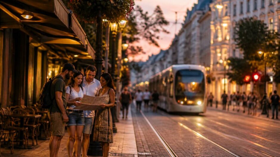 Sfeervolle stedentrip waarbij mensen hun route plannen, passend bij reizen en vakanties vergelijken