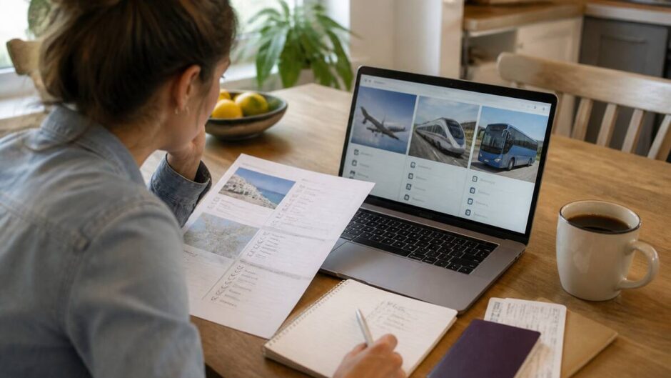 Iemand vergelijkt vakanties op een laptop met een notitieboek en reisinformatie