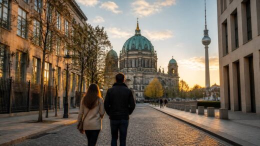 Reizigers wandelen door een Europese stad bij warm licht, passend bij een weekend weg