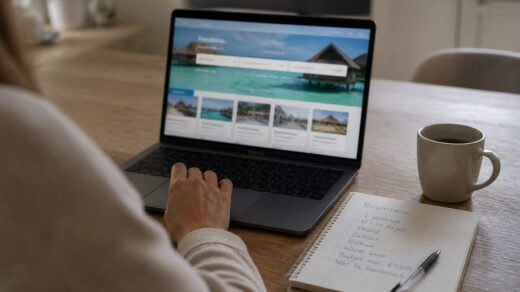 Iemand maakt een checklist voor het vergelijken van reizen en vakanties op een laptop en notitieboek