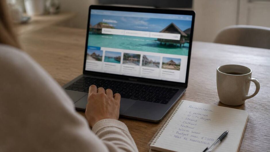 Iemand maakt een checklist voor het vergelijken van reizen en vakanties op een laptop en notitieboek