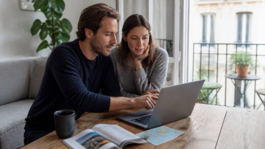 Stel dat op een laptop vakanties vergelijkt aan tafel met reisgids