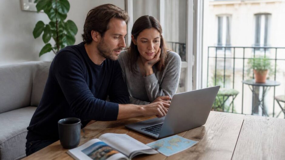Stel dat op een laptop vakanties vergelijkt aan tafel met reisgids
