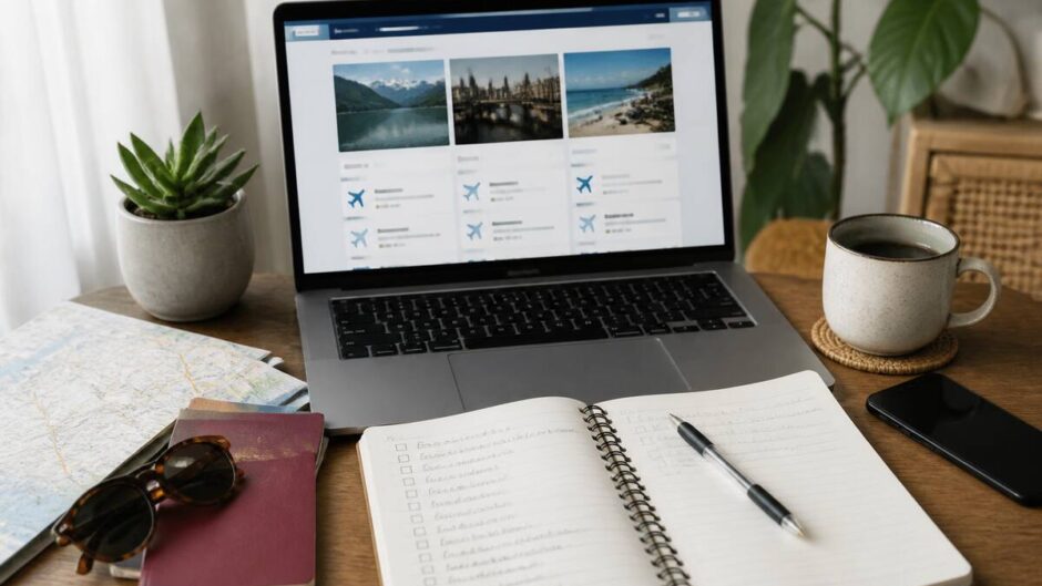 Een reisplanner checklist op tafel naast een laptop met reisvergelijking, realistische foto zonder tekst