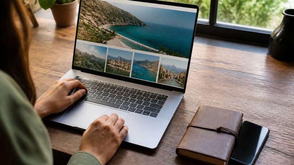 Iemand vergelijkt vakanties op een laptop met reisdagboek en telefoon