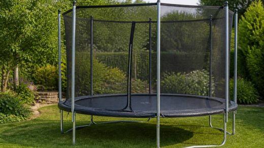 Trampoline met veiligheidsnet in een verzorgde tuin
